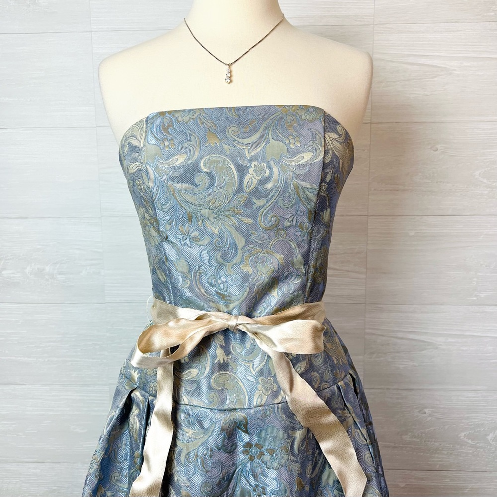 Vintage 90's Jessica McClintock Blue Brocade Jacquard Strapless Dress Size 6 - Picture 3 of 13